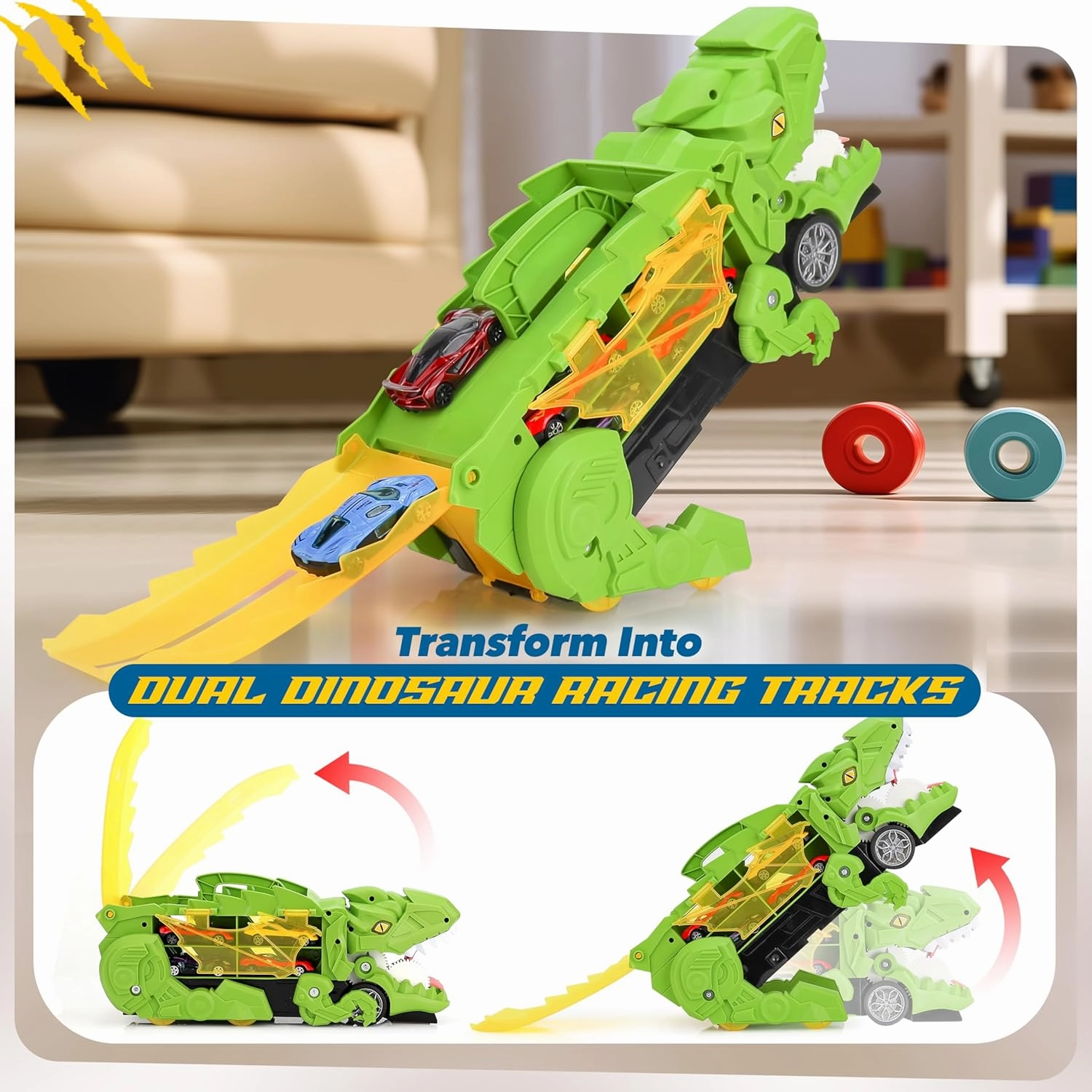 Dinosaur Transport Truck with 6 Racing Cars - Car Transporter Dinosaur Truck with Foldable Sliding Ramp - Dino Birthday Gift Toys for 3 4 5  Year Old Boy - Toddler & Kids (Green)