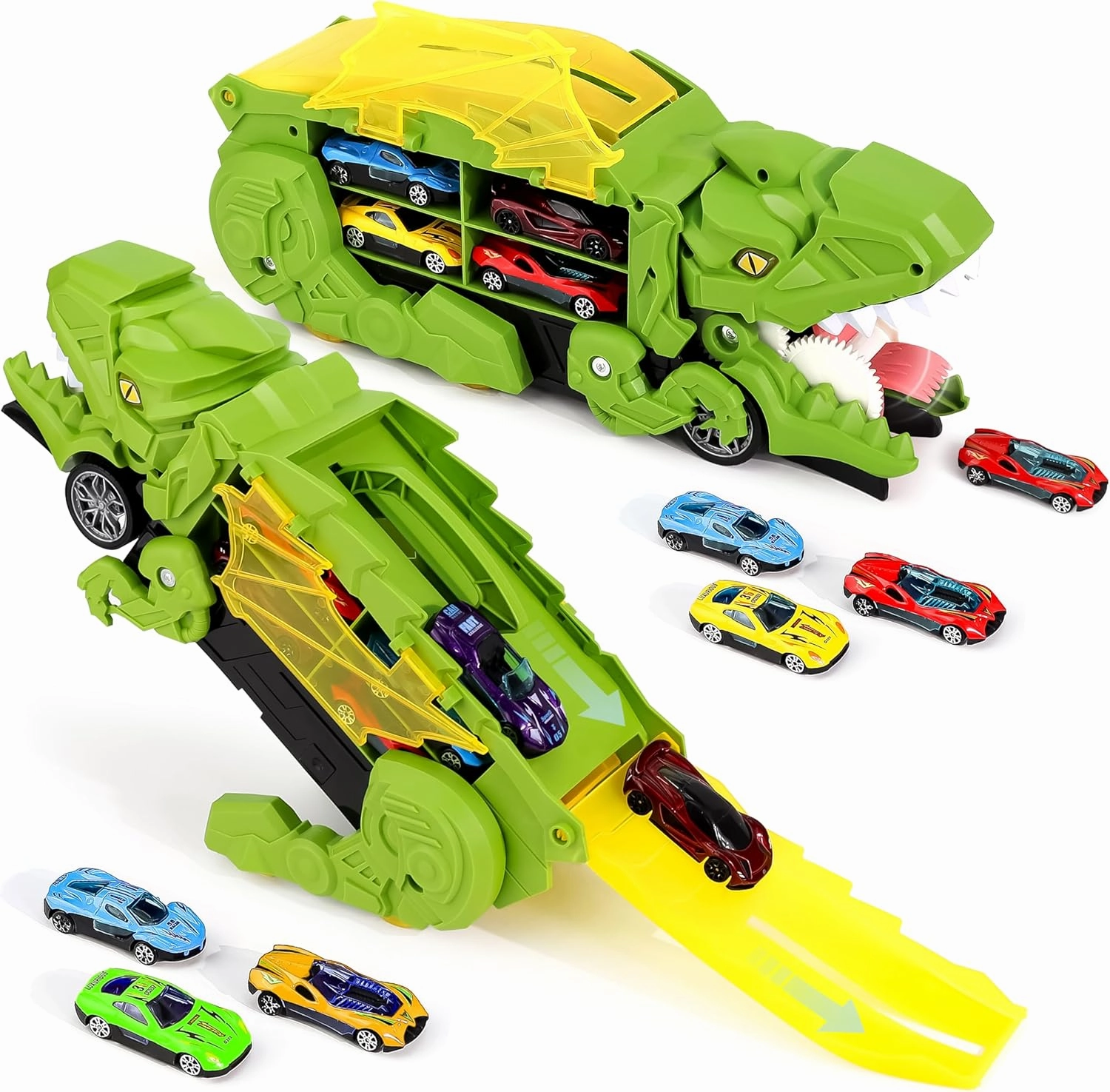 Dinosaur Transport Truck with 6 Racing Cars - Car Transporter Dinosaur Truck with Foldable Sliding Ramp - Dino Birthday Gift Toys for 3 4 5  Year Old Boy - Toddler & Kids (Green)