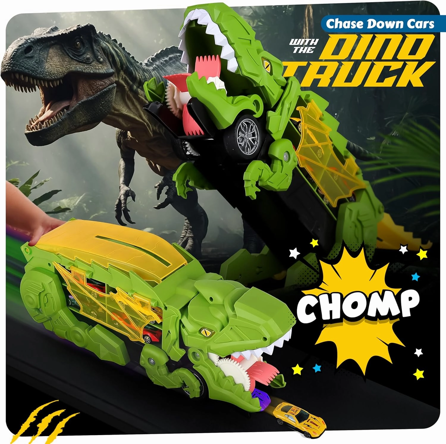 Dinosaur Transport Truck with 6 Racing Cars - Car Transporter Dinosaur Truck with Foldable Sliding Ramp - Dino Birthday Gift Toys for 3 4 5  Year Old Boy - Toddler & Kids (Green)