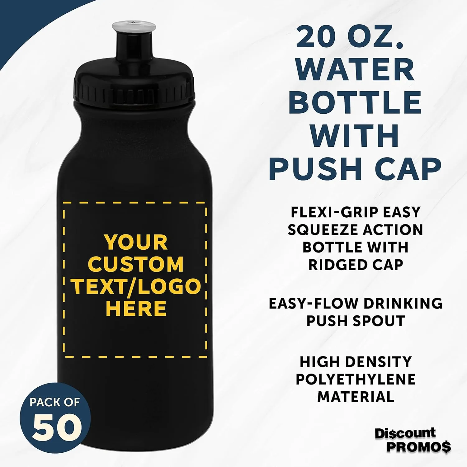 DISCOUNT PROMOS Custom 20 oz. Water Bottles with Push Cap – Set of 50 – Personalized Bulk Gift for Dad – Father’s Day Sports Bottles for Gym, Camping – Black