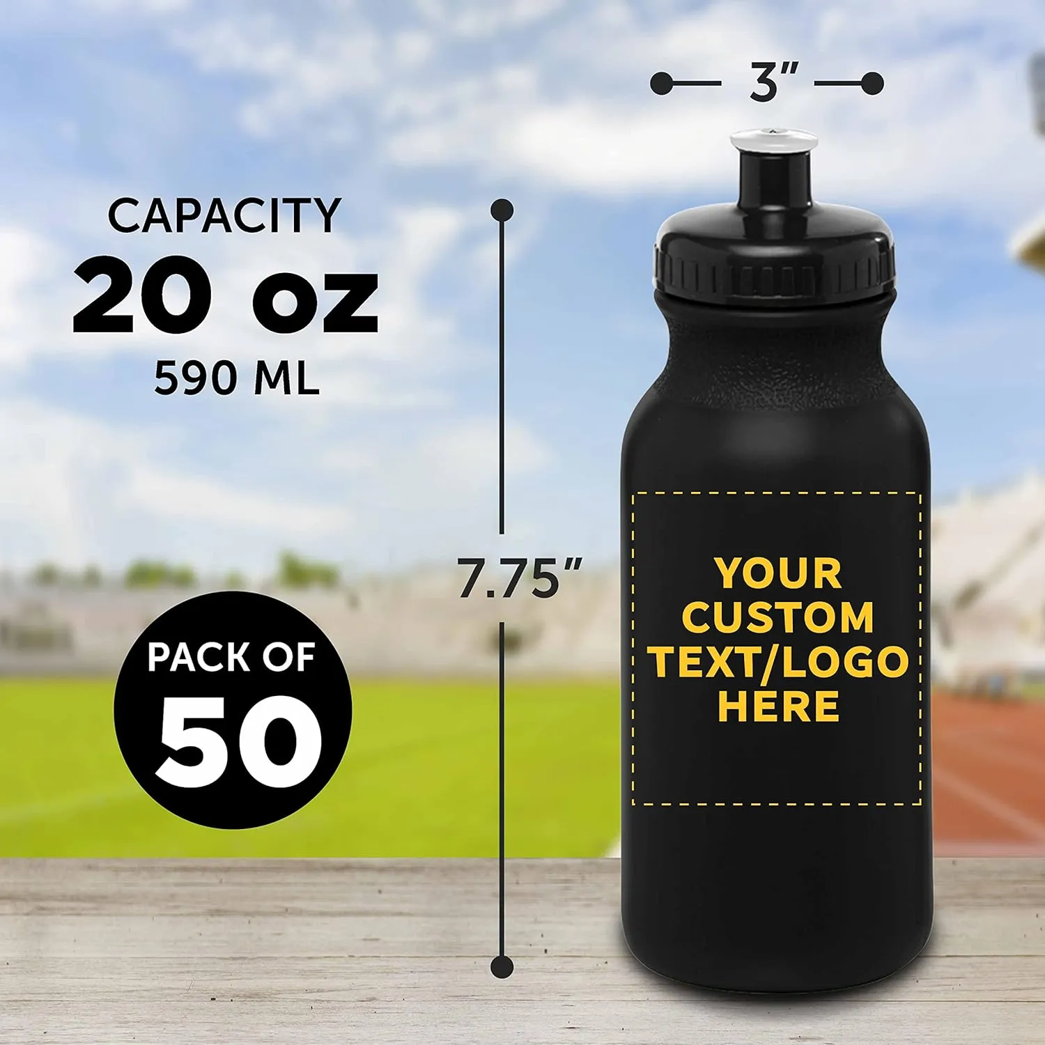 DISCOUNT PROMOS Custom 20 oz. Water Bottles with Push Cap – Set of 50 – Personalized Bulk Gift for Dad – Father’s Day Sports Bottles for Gym, Camping – Black