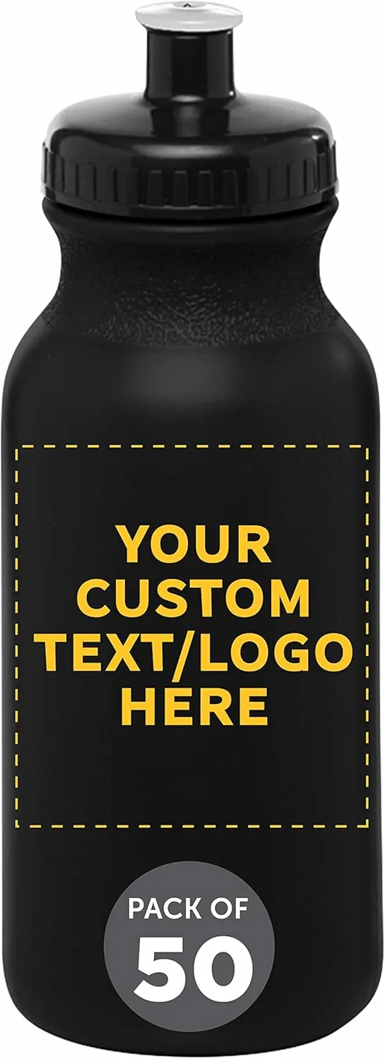 DISCOUNT PROMOS Custom 20 oz. Water Bottles with Push Cap – Set of 50 – Personalized Bulk Gift for Dad – Father’s Day Sports Bottles for Gym, Camping – Black