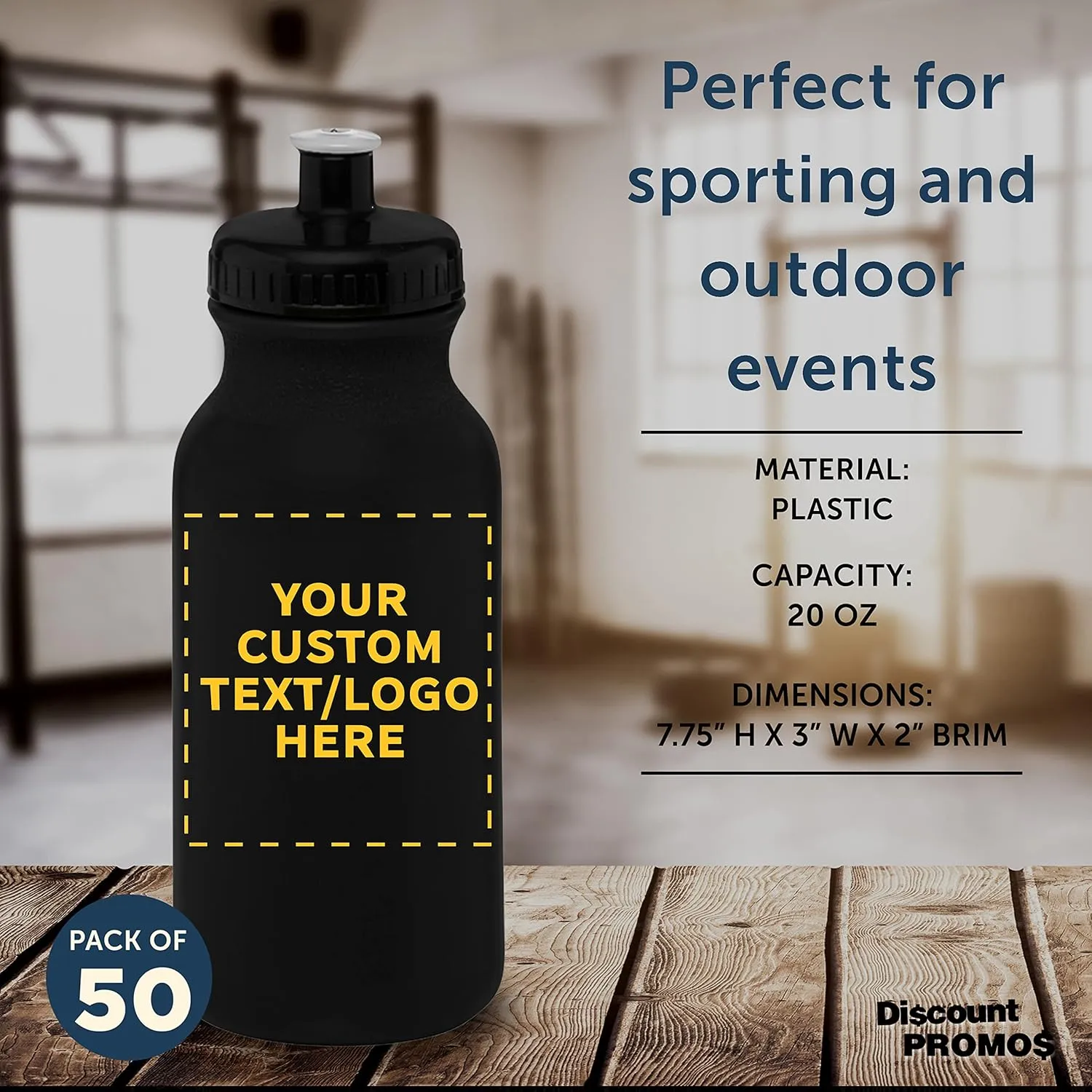 DISCOUNT PROMOS Custom 20 oz. Water Bottles with Push Cap – Set of 50 – Personalized Bulk Gift for Dad – Father’s Day Sports Bottles for Gym, Camping – Black