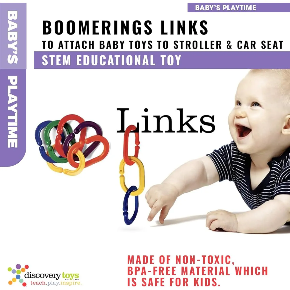 Discovery Toys BOOMERINGS Attach Baby Toys to Strollers & Car Seats Link Link | Child Power Learning | STEM Toys Early Development Born from Early Childhood Development