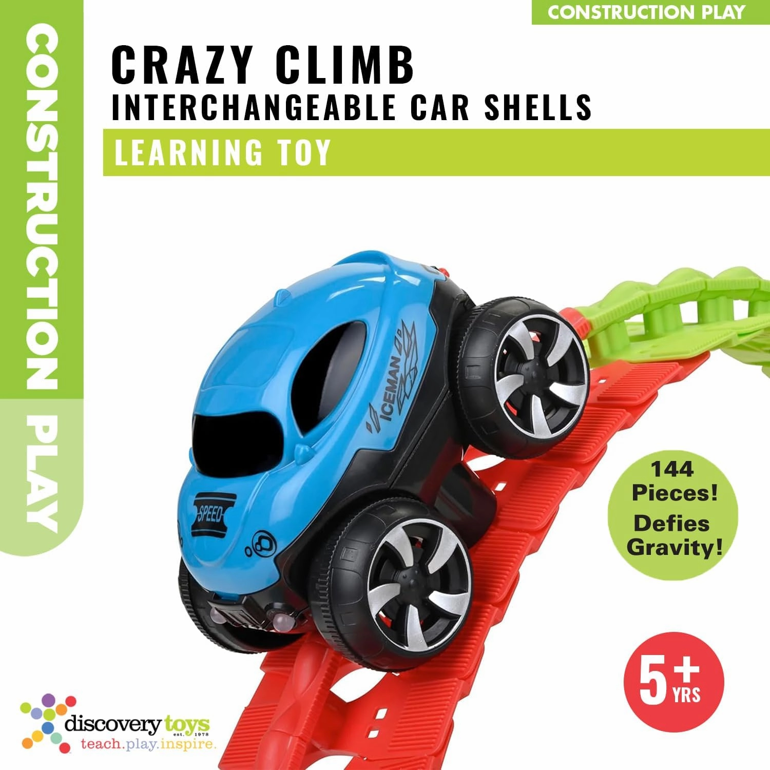 Discovery Toys – Crazy Climb Track | Car Track Set with LED Light-Up Race Car | Interchangeable Car Shells | Multicolor Flexible Changeable Tack | Custom Racetrack Toy | 5  yrs