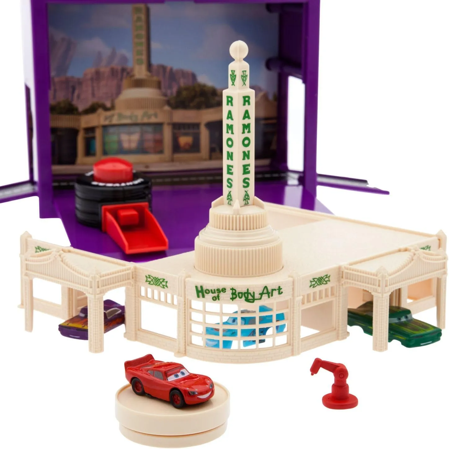 Disney Pixar Car Play Set - Toolbox Case with Lightning McQueen & Ramone Die Cast Cars, Launcher, Body Shop, Turntable, Track & More