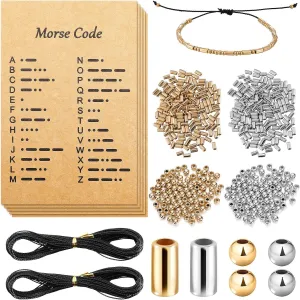 DIY Morse Code Bracelet Making Set, 800 Round Spacer Beads, 800 Long Tube Beads, 20 Morse Code Decoding Card and 2 Rolls 66 ft Waxed Polyester Twine Cord (Silver and Gold, Black Rope)