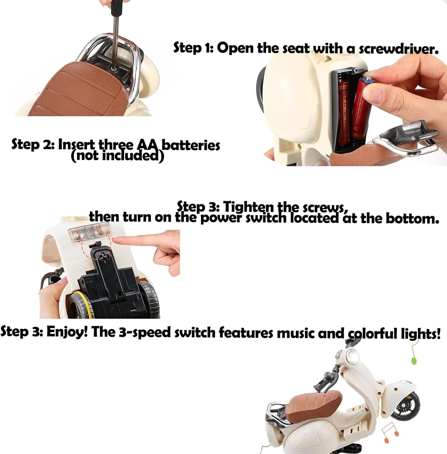 Doll Scooter Toy with Light & Music | Interactive Rotating Electric Collectible | Cute Desktop Decor for Collectors | Scooter for Labu Fans, Safe PVC Ornament (Cream)