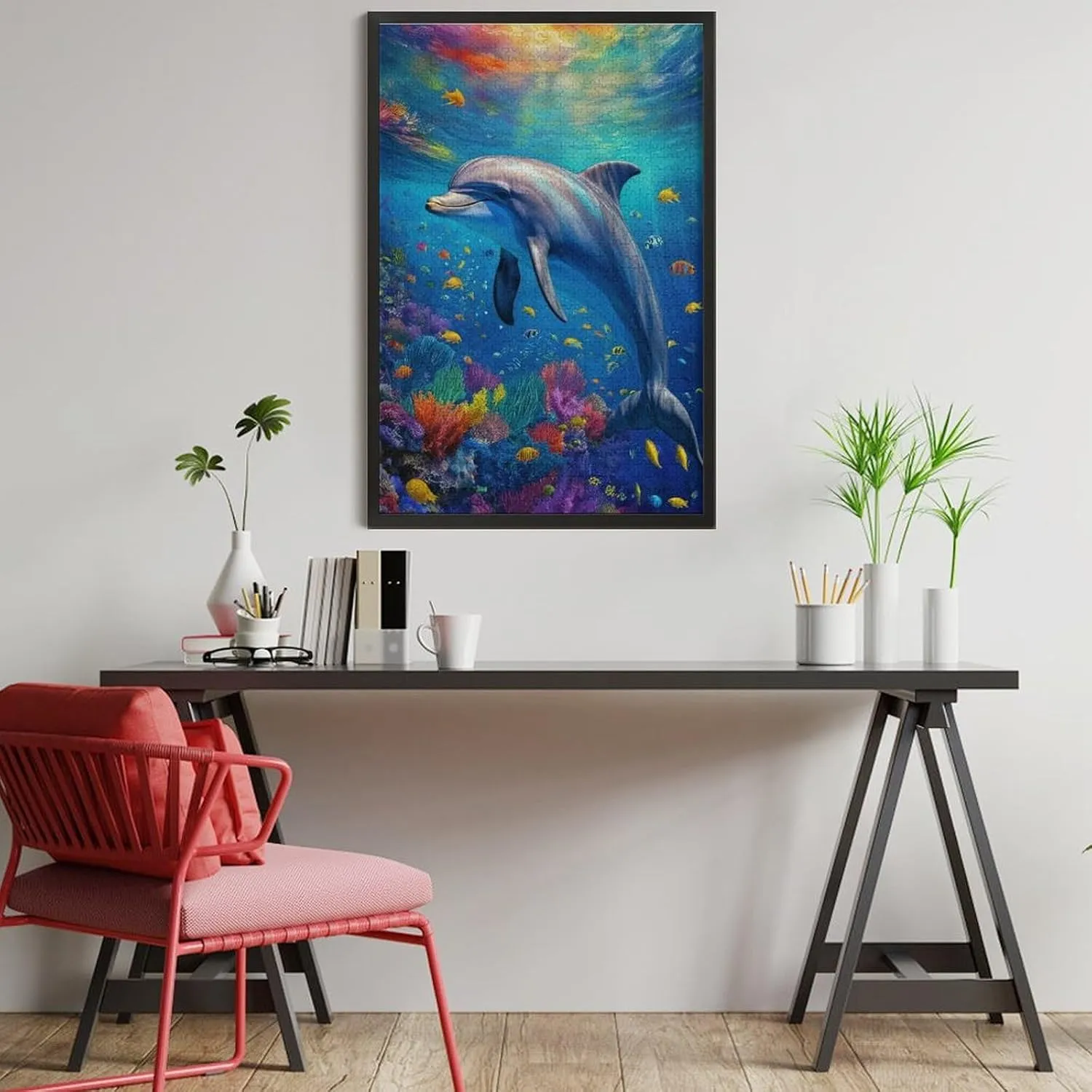 Dolphin Ocean Fish Colorful Fantasy Jigsaw Puzzles with Poster Puzzles for Adults and Kids 1000 Pieces Puzzles Educational Games Gift for Elders Family Friend Gift for Women Men 29.5x19.7 Inch