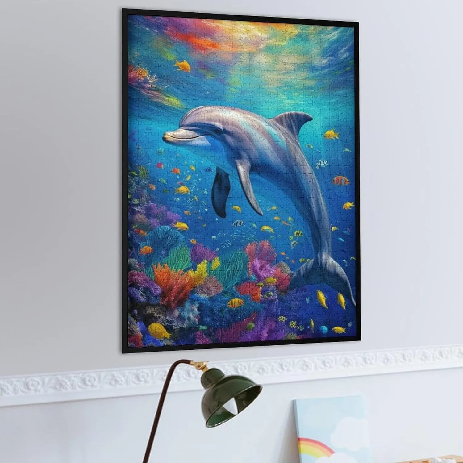 Dolphin Ocean Fish Colorful Fantasy Jigsaw Puzzles with Poster Puzzles for Adults and Kids 1000 Pieces Puzzles Educational Games Gift for Elders Family Friend Gift for Women Men 29.5x19.7 Inch