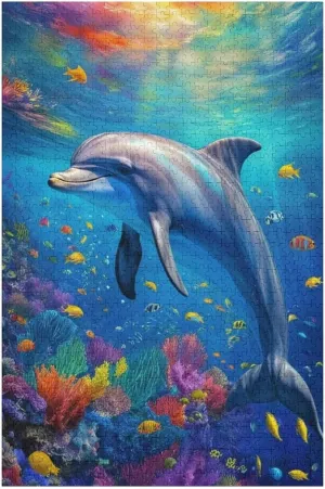Dolphin Ocean Fish Colorful Fantasy Jigsaw Puzzles with Poster Puzzles for Adults and Kids 1000 Pieces Puzzles Educational Games Gift for Elders Family Friend Gift for Women Men 29.5x19.7 Inch