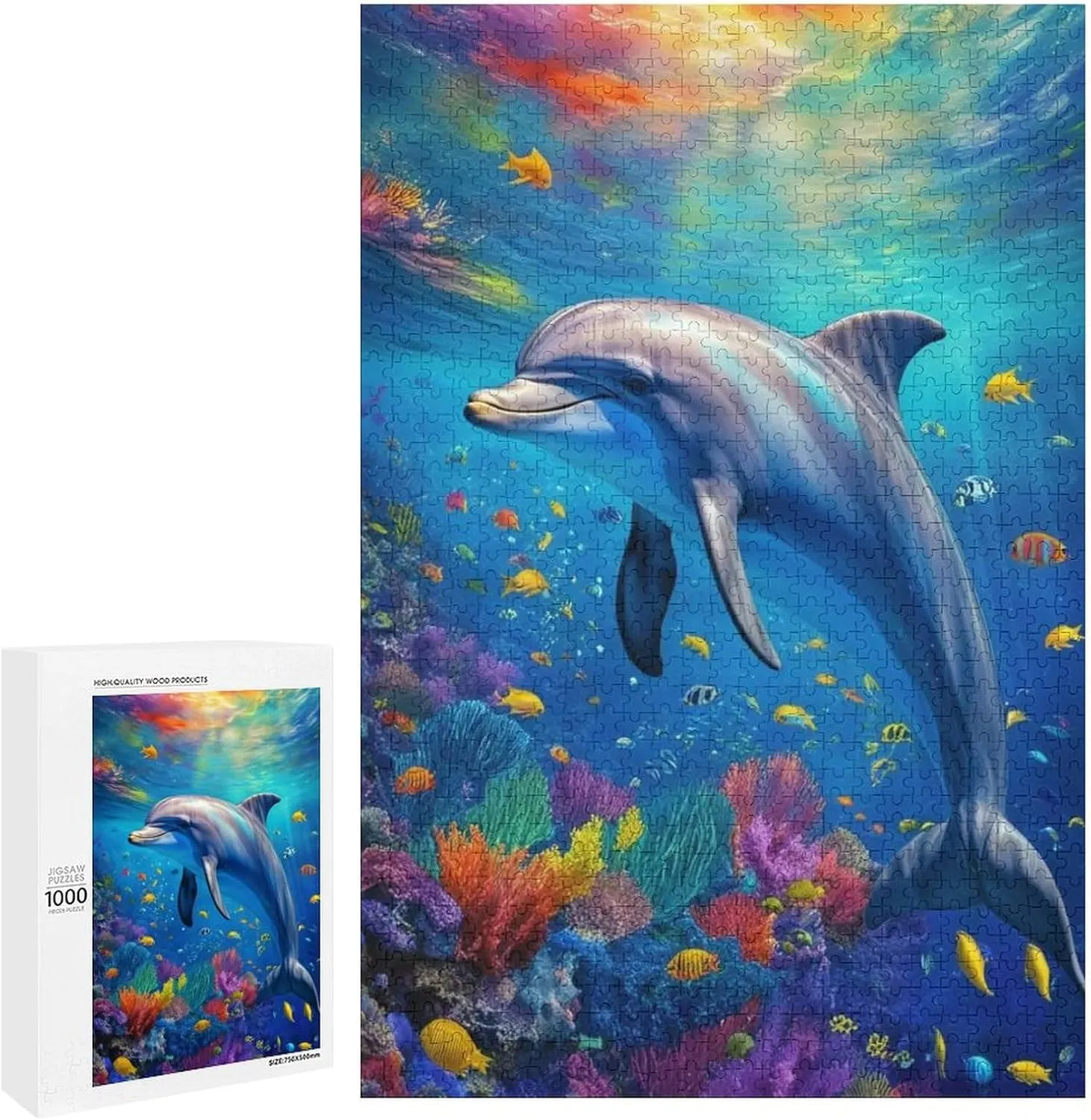 Dolphin Ocean Fish Colorful Fantasy Jigsaw Puzzles with Poster Puzzles for Adults and Kids 1000 Pieces Puzzles Educational Games Gift for Elders Family Friend Gift for Women Men 29.5x19.7 Inch