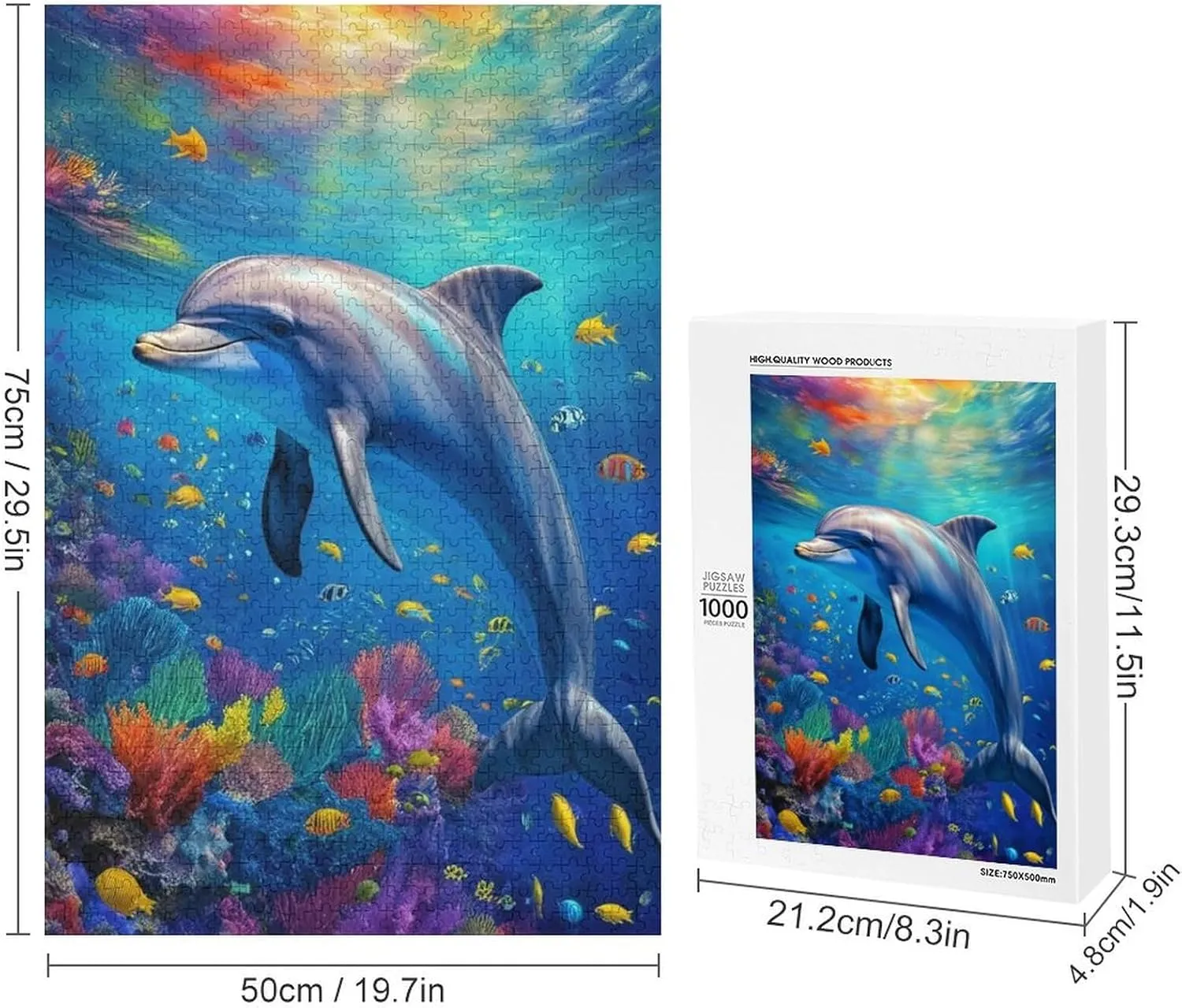 Dolphin Ocean Fish Colorful Fantasy Jigsaw Puzzles with Poster Puzzles for Adults and Kids 1000 Pieces Puzzles Educational Games Gift for Elders Family Friend Gift for Women Men 29.5x19.7 Inch