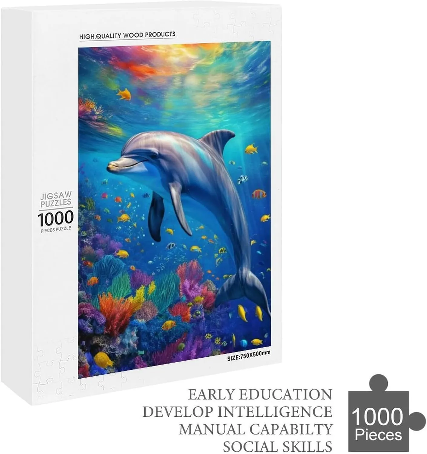 Dolphin Ocean Fish Colorful Fantasy Jigsaw Puzzles with Poster Puzzles for Adults and Kids 1000 Pieces Puzzles Educational Games Gift for Elders Family Friend Gift for Women Men 29.5x19.7 Inch