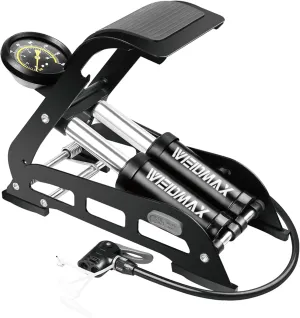 Double Barrel Pedal Pump, WEIDMAX Double Cylinder Bike Pump, Bicycle Foot Pump, Portable Bike Floor Air Pump, with Pressure Gauge and Intelligent Valve Head