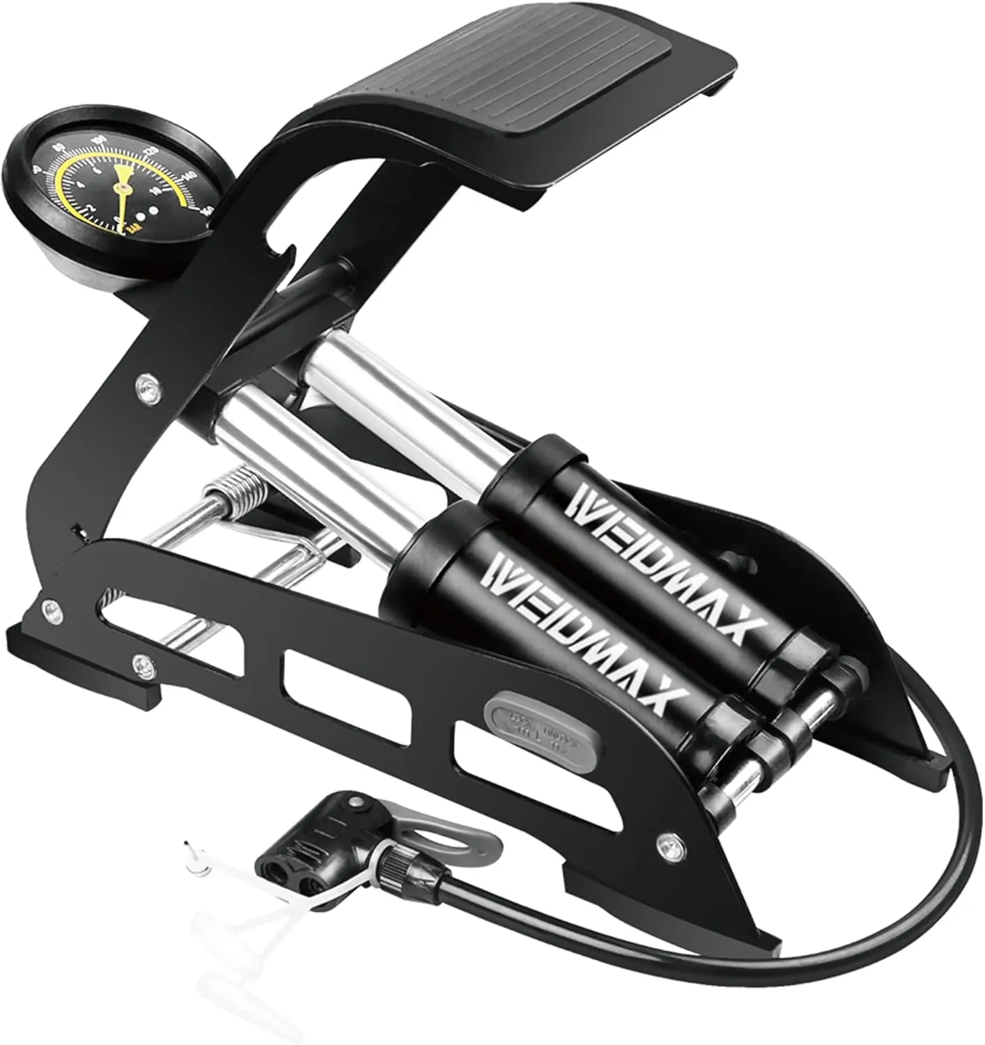 Double Barrel Pedal Pump, WEIDMAX Double Cylinder Bike Pump, Bicycle Foot Pump, Portable Bike Floor Air Pump, with Pressure Gauge and Intelligent Valve Head