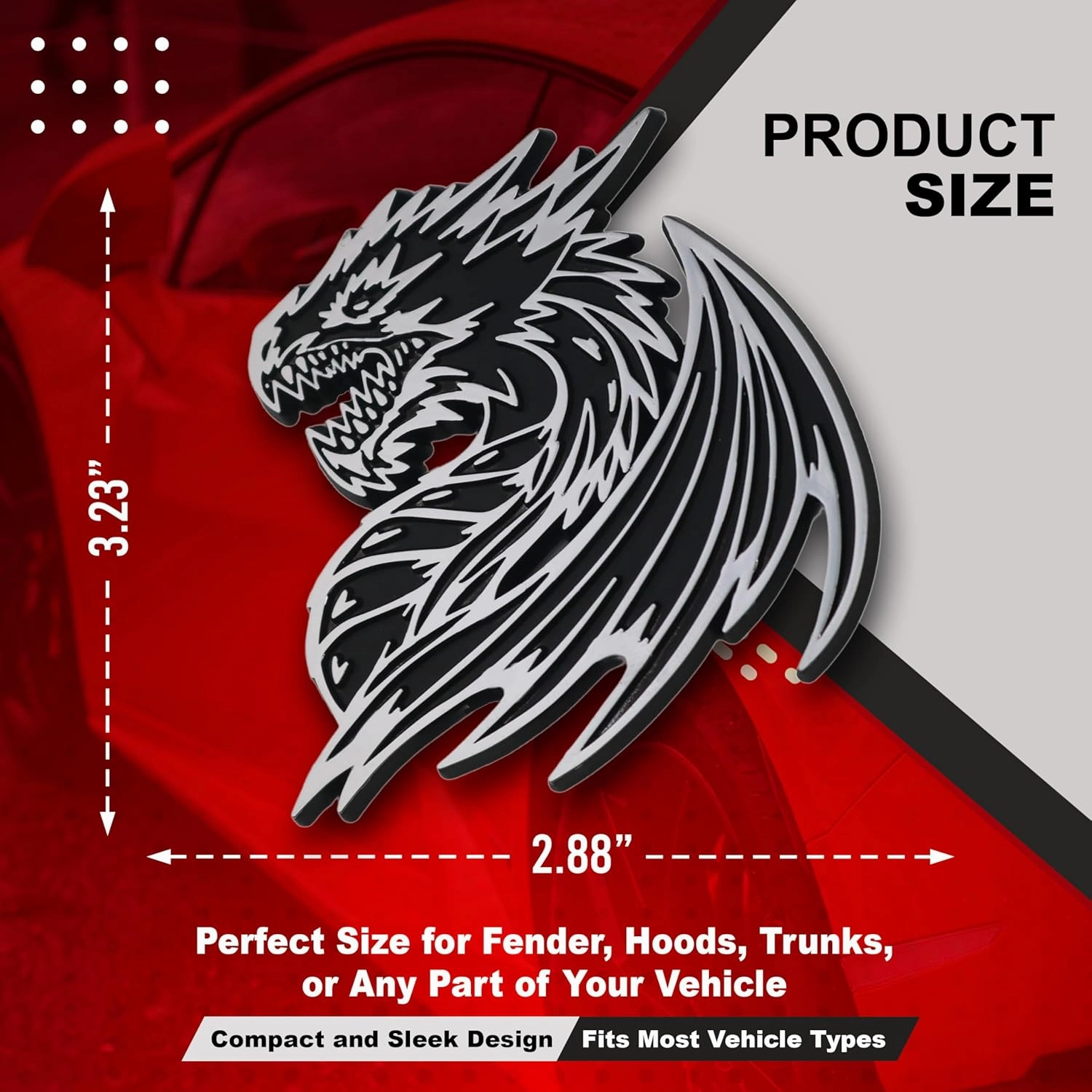 Dragon Emblem 3D Car Badge – Custom Decal Sticker for Car, Truck, SUV – Durable Exterior Trunk, Hood, Fender (Set of 2) (Chrome)