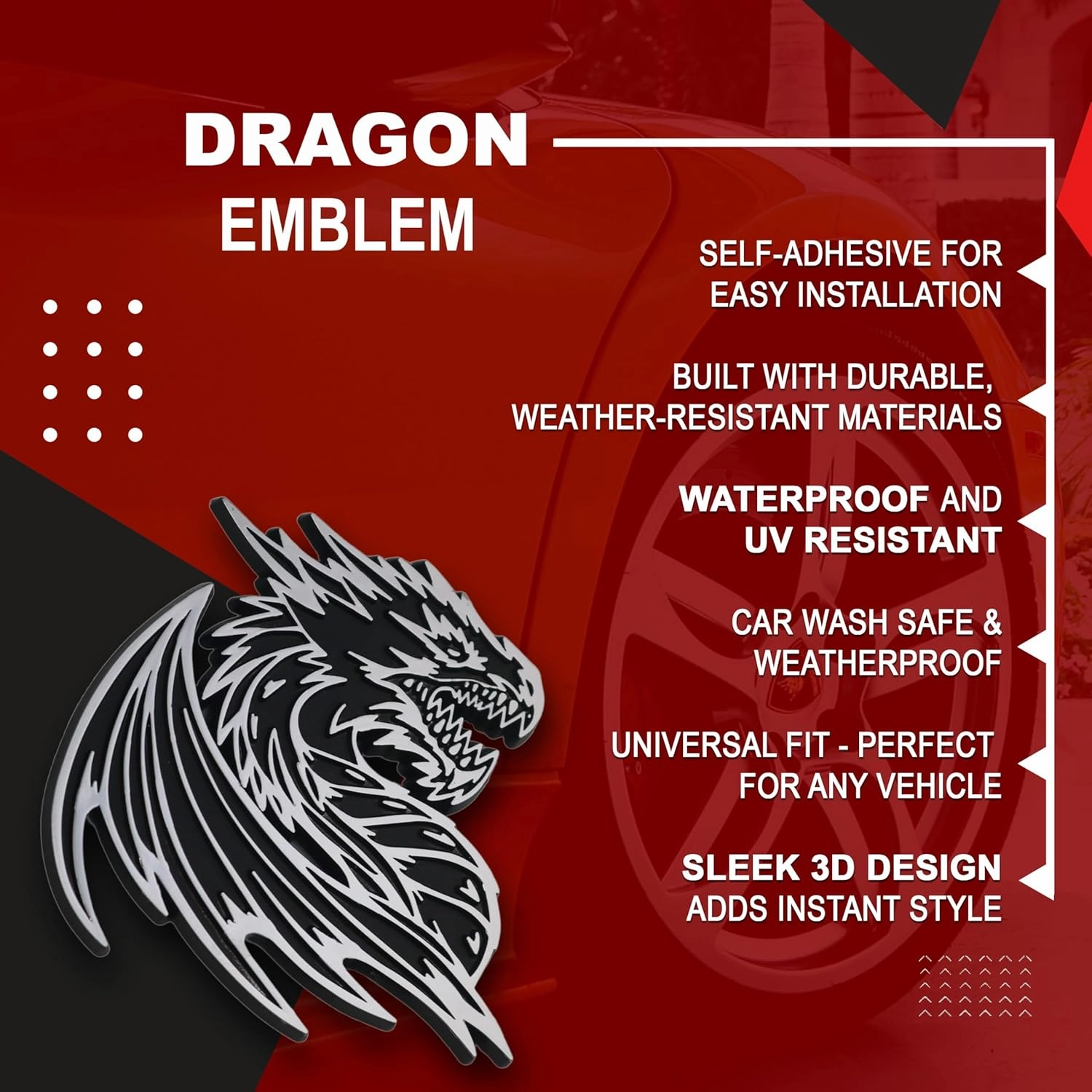 Dragon Emblem 3D Car Badge – Custom Decal Sticker for Car, Truck, SUV – Durable Exterior Trunk, Hood, Fender (Set of 2) (Chrome)