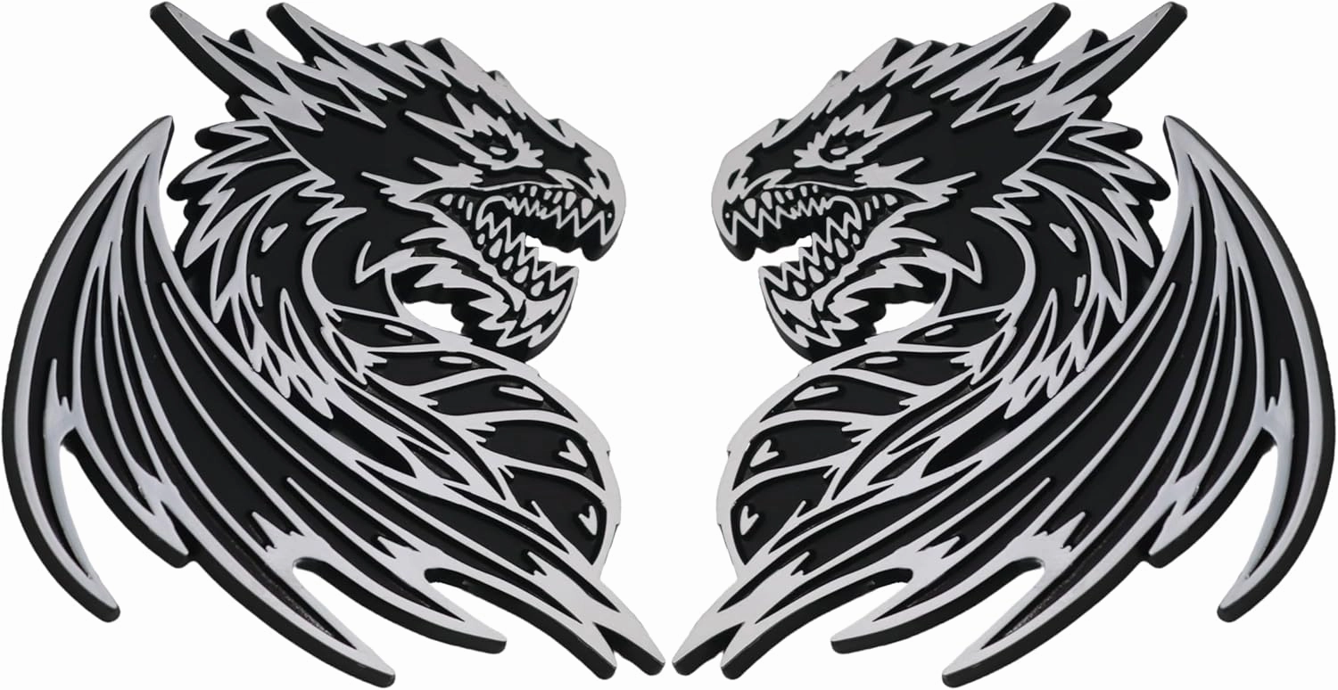 Dragon Emblem 3D Car Badge – Custom Decal Sticker for Car, Truck, SUV – Durable Exterior Trunk, Hood, Fender (Set of 2) (Chrome)