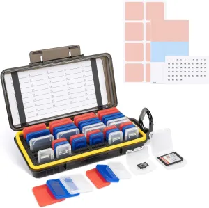 Dual Protect Memory Card Case with 42 PCS Clear Memory Card Holders for 24 SD SDXC SDHC & 18 TF MSD Cards, Water-Resistant Anti-Shock MicroSD SD Card Storage Carrying Organizer Protector with Labels