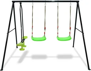 Durable 3-Seat Swing Set for Backyard Fun, Features Glider, Belt Swings, Climbing Ladder & Basketball Hoop, Multicolor