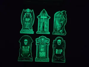 Durable Fluorescent Green Witch Tombstones - 6 Pcs with 12 Ground Stakes, Waterproof, Devil/Satan Headstones for Halloween Graveyard