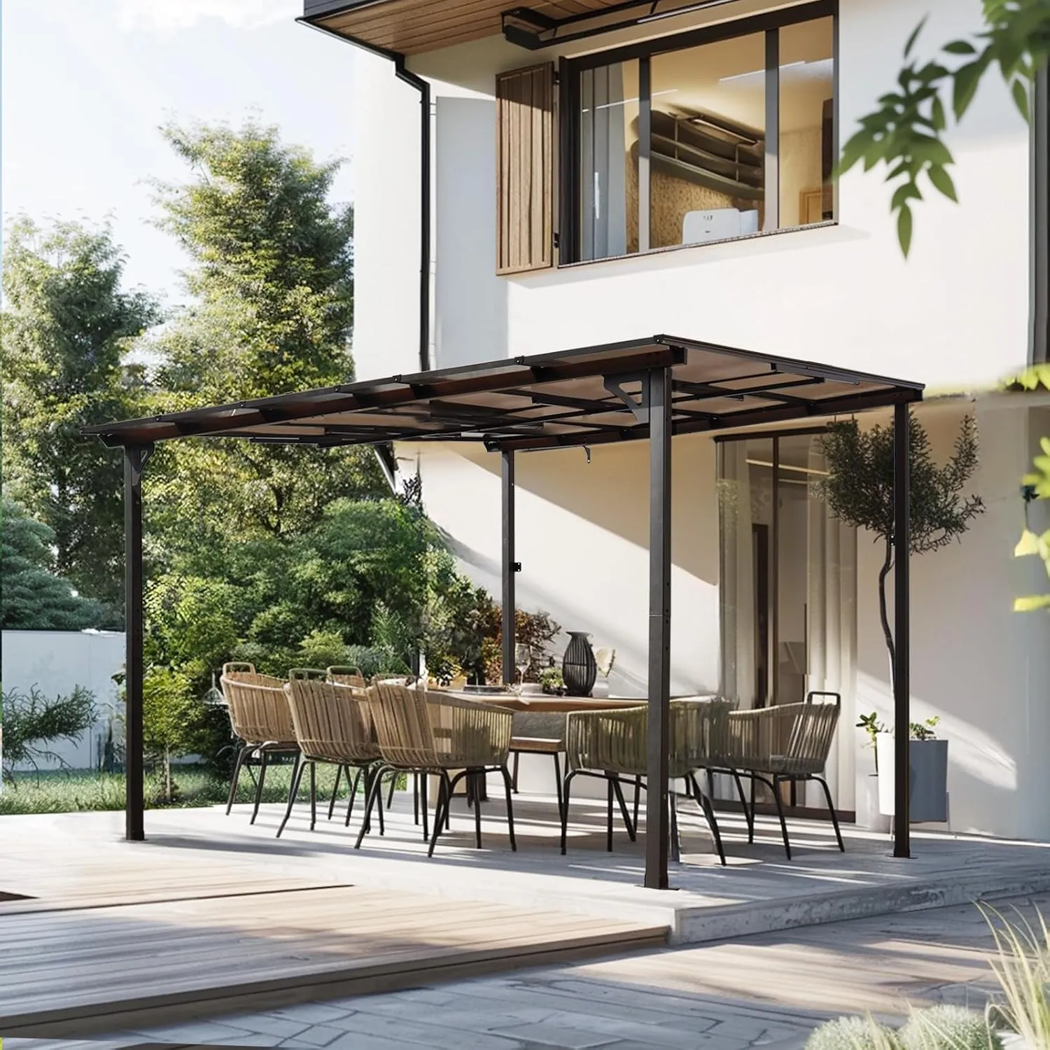Durable Wall-Mounted 10' x 10' Outdoor Pergola Gazebo with Hard Top Roof for Patios and Decks, Grey