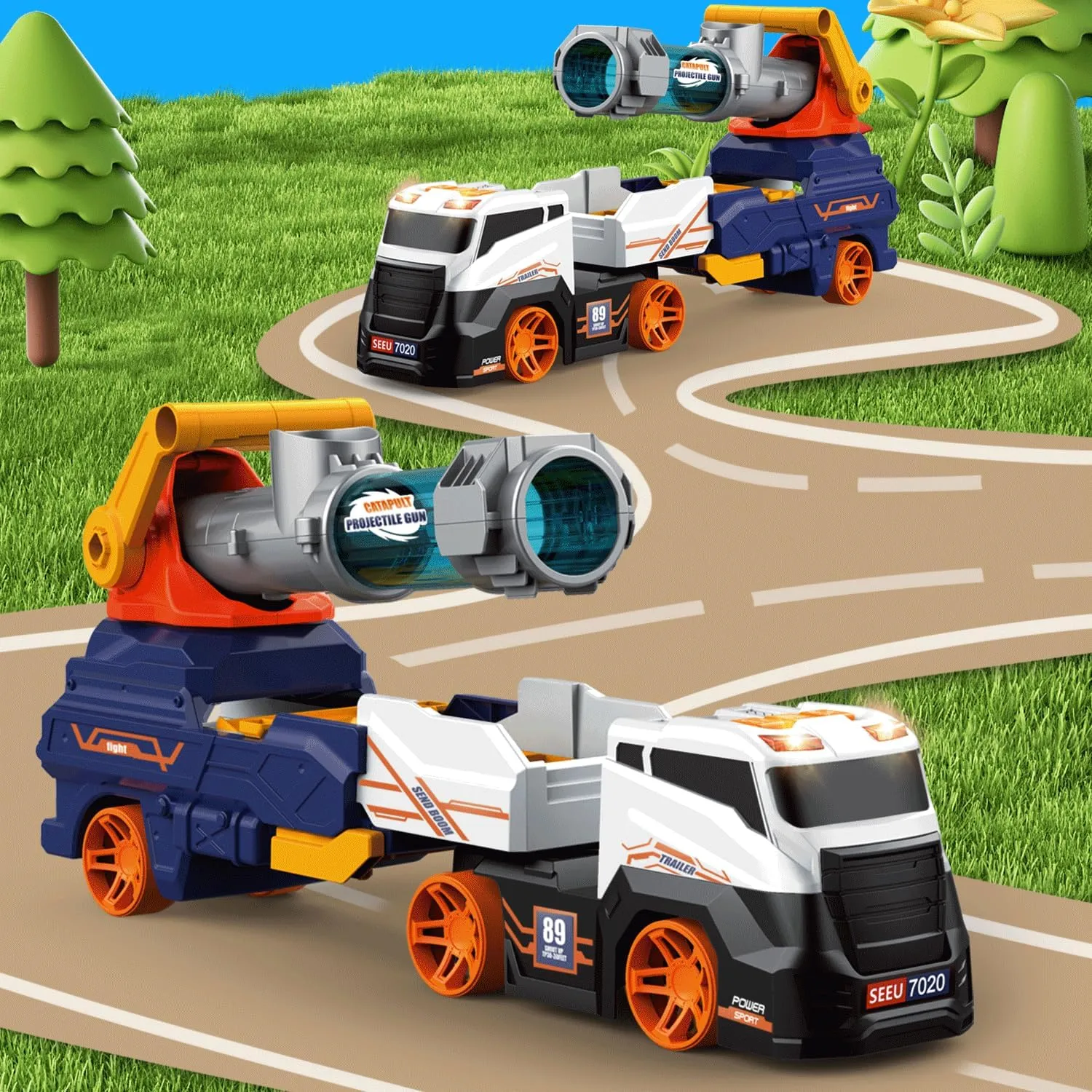 Dwi Dowellin Truck Toys for Kids, 28" Large Car Toys Include 4 Race Cars 6 Soft Foam Balls, with Light & Sounds, Eejection&Shooting Transport Trucks Toy, Gifts for Boys Girls 3 4 5 6 7 8  Year Old
