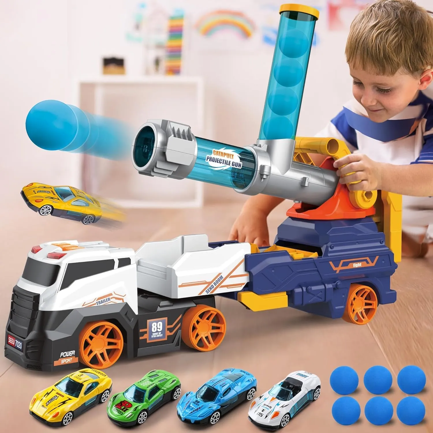 Dwi Dowellin Truck Toys for Kids, 28" Large Car Toys Include 4 Race Cars 6 Soft Foam Balls, with Light & Sounds, Eejection&Shooting Transport Trucks Toy, Gifts for Boys Girls 3 4 5 6 7 8  Year Old