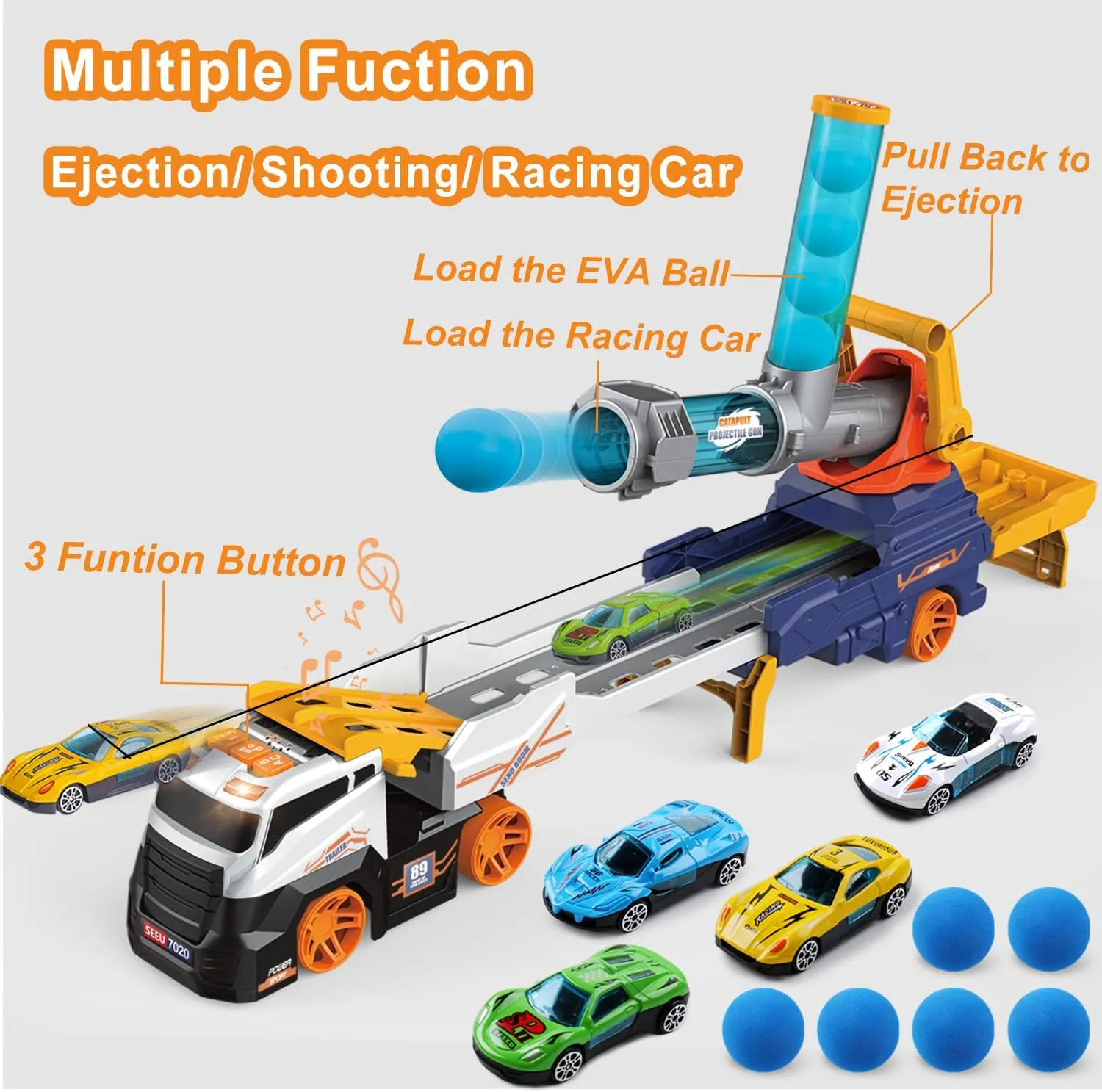 Dwi Dowellin Truck Toys for Kids, 28" Large Car Toys Include 4 Race Cars 6 Soft Foam Balls, with Light & Sounds, Eejection&Shooting Transport Trucks Toy, Gifts for Boys Girls 3 4 5 6 7 8  Year Old