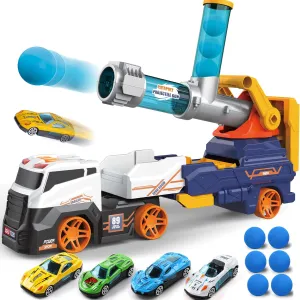 Dwi Dowellin Truck Toys for Kids, 28" Large Car Toys Include 4 Race Cars 6 Soft Foam Balls, with Light & Sounds, Eejection&Shooting Transport Trucks Toy, Gifts for Boys Girls 3 4 5 6 7 8  Year Old