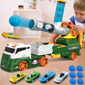 Dwi Dowellin Truck Toys for Kids, 28" Large Car Toys Include 4 Racing Cars 6 Ball, with Light & Sounds, Eejection&Shooting Transport Cars Toy, Gifts for Boys Girls-Green