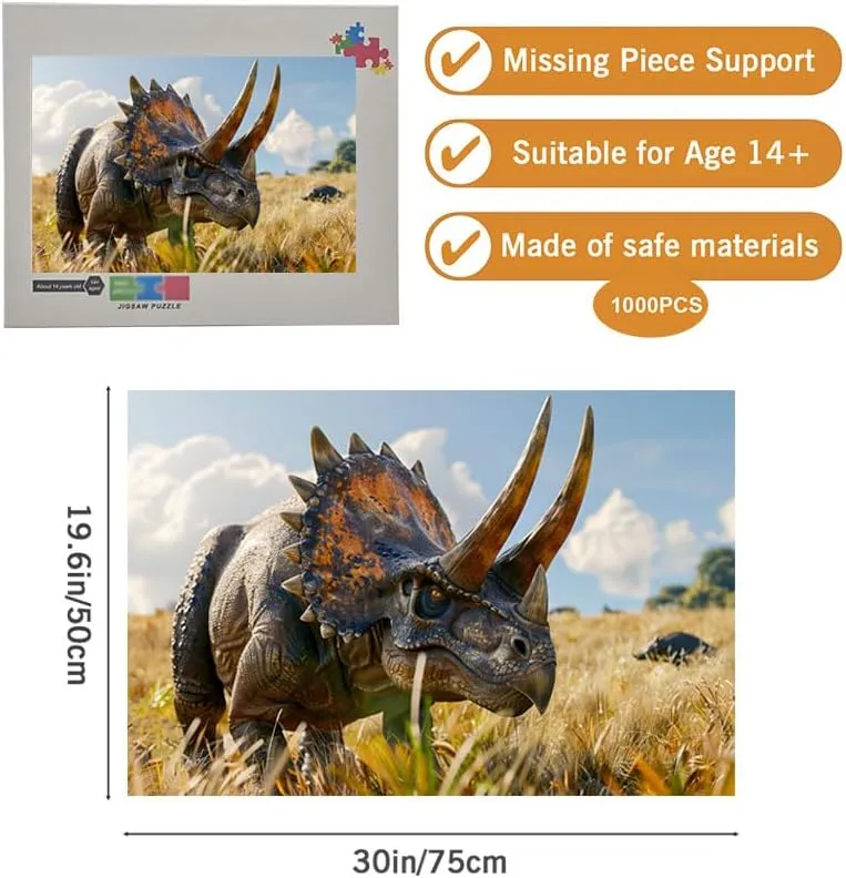 Educational Jigsaw Puzzles for Teens Triceratops Grassland 1000 Piece Challenging Puzzle Games for Men Women Teens Seniors
