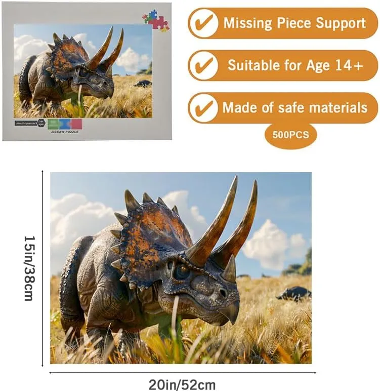 Educational Jigsaw Puzzles for Teens Triceratops Grassland 500 Piece Challenging Puzzle Games for Men Women Teens Seniors