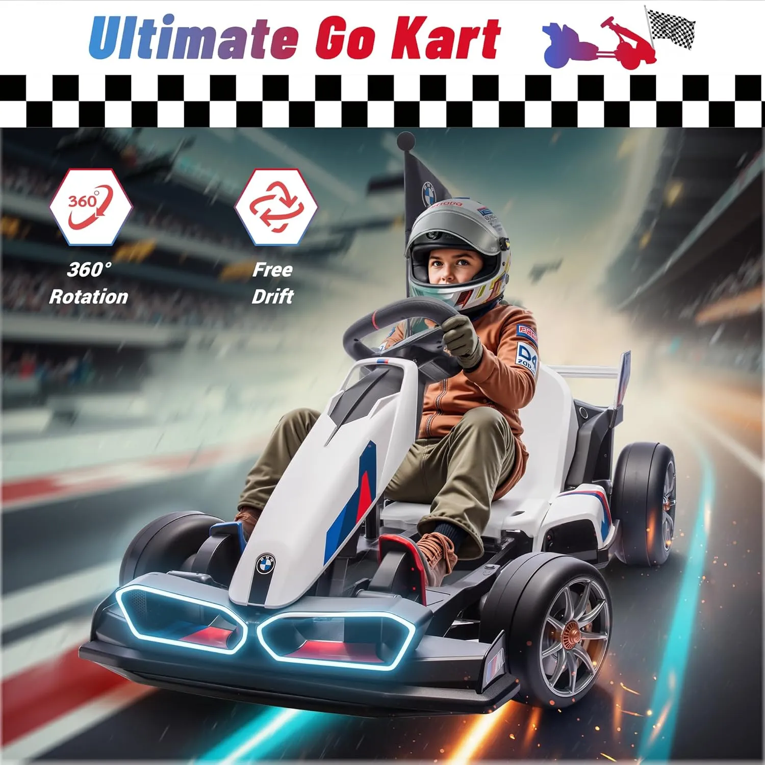 Electric Go Kart with Adjustable Seat, 24V Licensed BMW Drift Kart with Dual 200W Motors, Crazy Go Cart for Kids Ages 6-12, LED Lights, Drift Mode and 2 Speed (White)