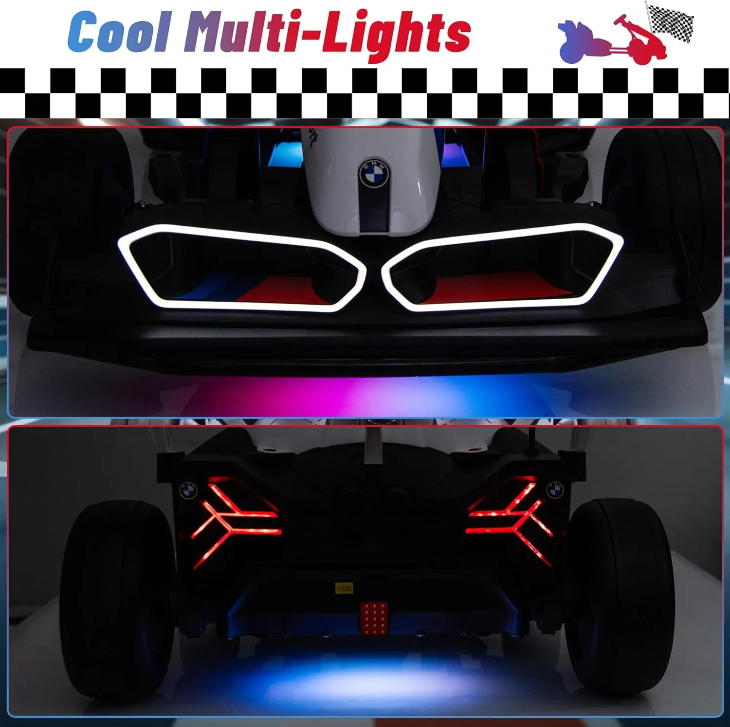 Electric Go Kart with Adjustable Seat, 24V Licensed BMW Drift Kart with Dual 200W Motors, Crazy Go Cart for Kids Ages 6-12, LED Lights, Drift Mode and 2 Speed (White)