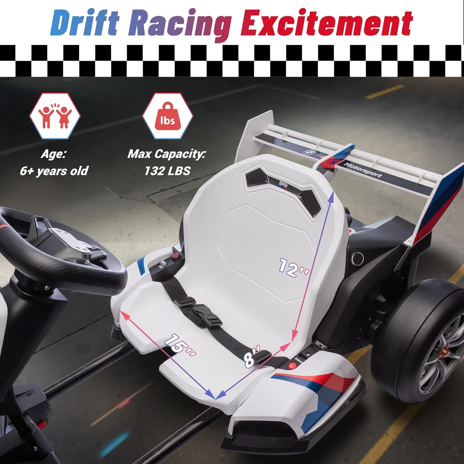 Electric Go Kart with Adjustable Seat, 24V Licensed BMW Drift Kart with Dual 200W Motors, Crazy Go Cart for Kids Ages 6-12, LED Lights, Drift Mode and 2 Speed (White)