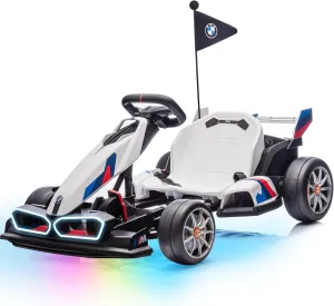 Electric Go Kart with Adjustable Seat, 24V Licensed BMW Drift Kart with Dual 200W Motors, Crazy Go Cart for Kids Ages 6-12, LED Lights, Drift Mode and 2 Speed (White)