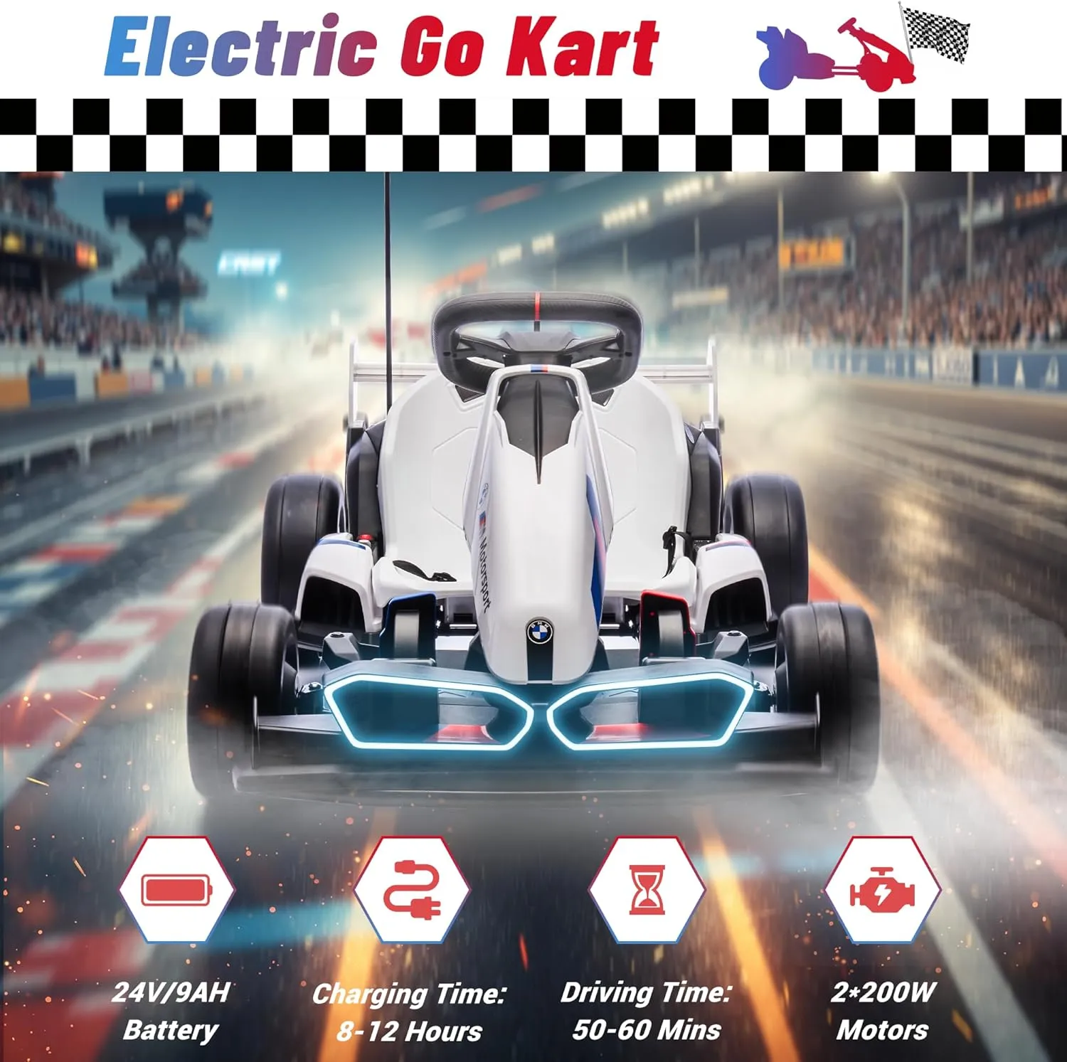 Electric Go Kart with Adjustable Seat, 24V Licensed BMW Drift Kart with Dual 200W Motors, Crazy Go Cart for Kids Ages 6-12, LED Lights, Drift Mode and 2 Speed (White)