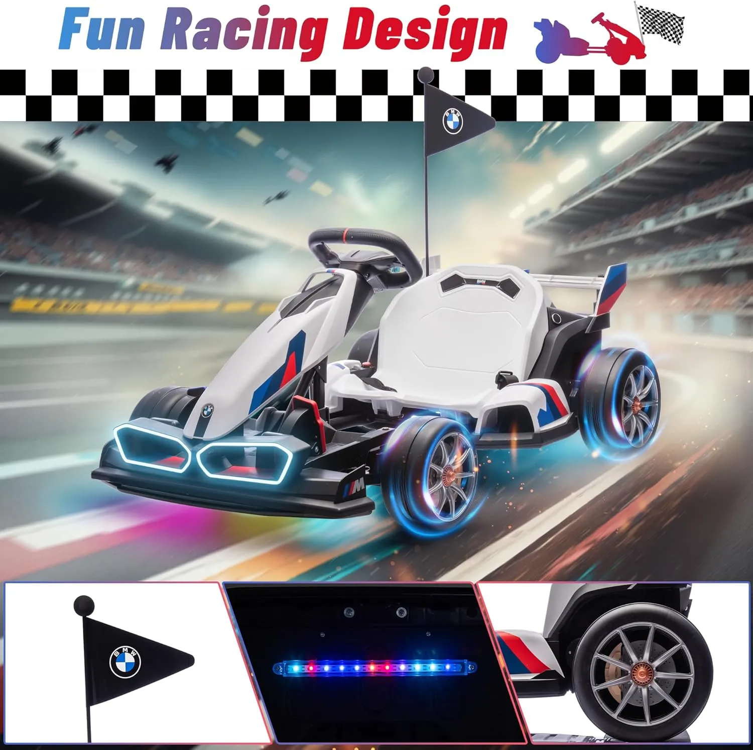 Electric Go Kart with Adjustable Seat, 24V Licensed BMW Drift Kart with Dual 200W Motors, Crazy Go Cart for Kids Ages 6-12, LED Lights, Drift Mode and 2 Speed (White)