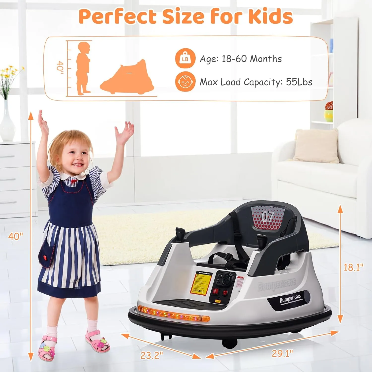 Electric Ride on Toddler Bumper Car, 12V Kids Bumper Car with Remote Control, LED Lights & 360 Degree Spin, Indoor and Outdoor Kids Toy for 18  Months Kids, White