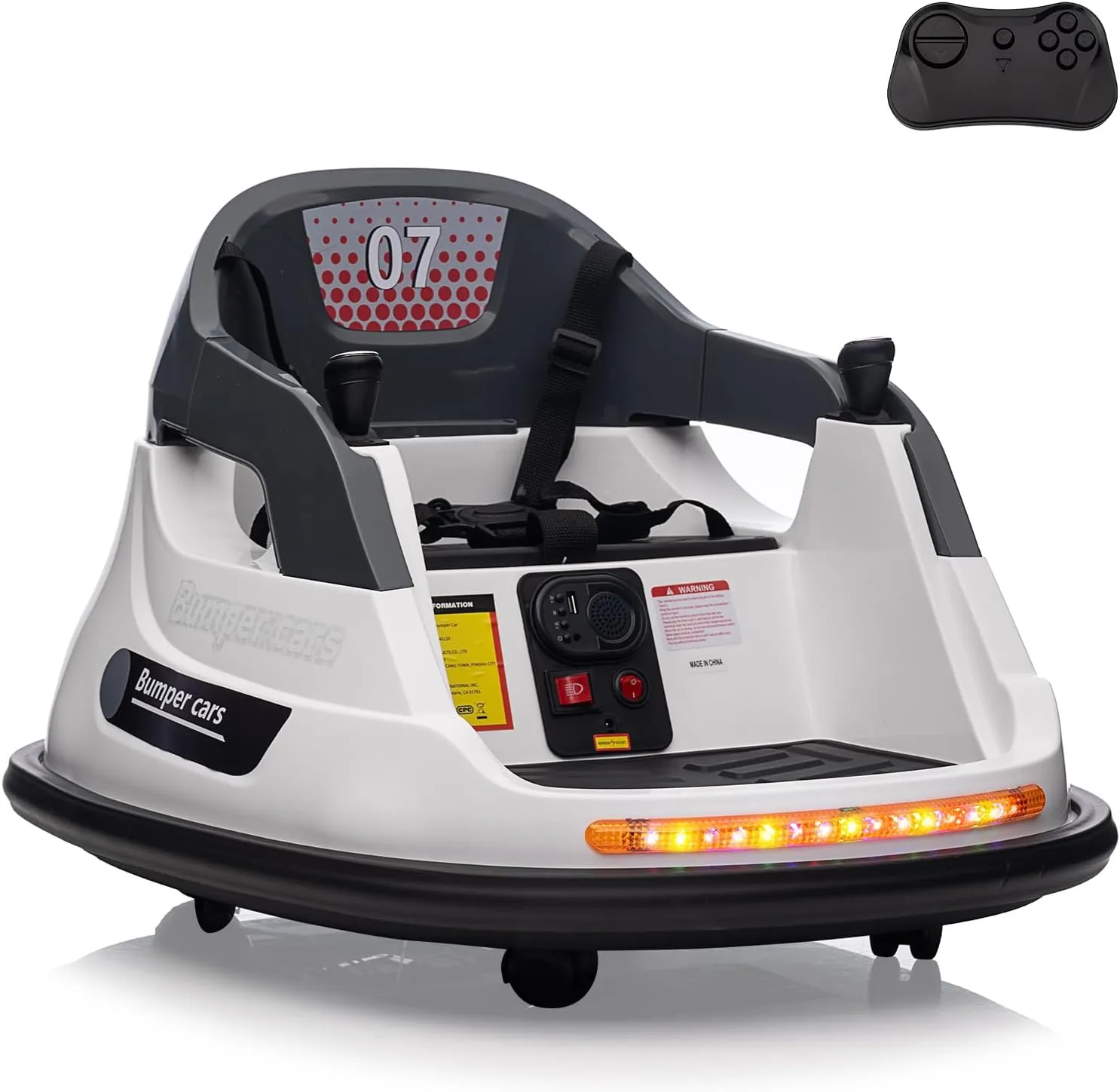 Electric Ride on Toddler Bumper Car, 12V Kids Bumper Car with Remote Control, LED Lights & 360 Degree Spin, Indoor and Outdoor Kids Toy for 18  Months Kids, White