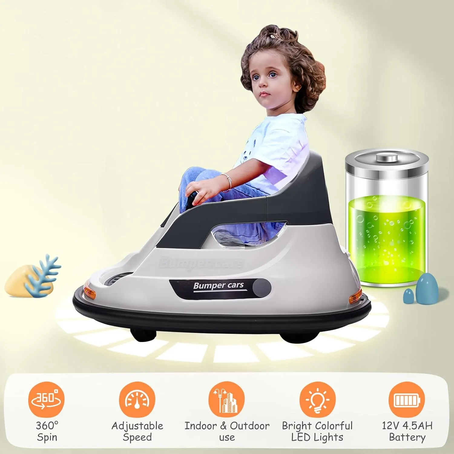 Electric Ride on Toddler Bumper Car, 12V Kids Bumper Car with Remote Control, LED Lights & 360 Degree Spin, Indoor and Outdoor Kids Toy for 18  Months Kids, White