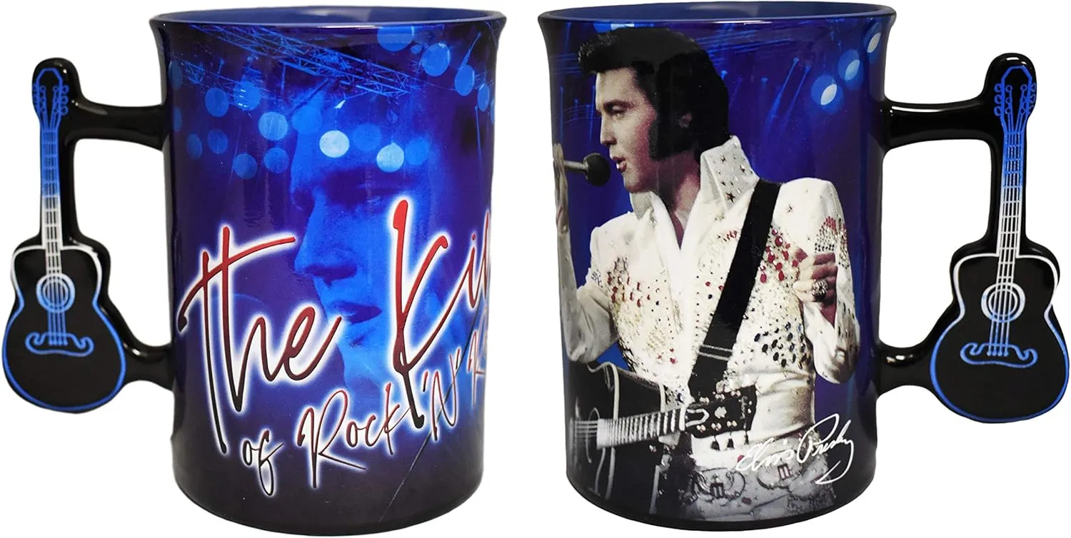 Elvis Presley Ceramic Mug with Guitar Handle – Iconic White Jumpsuit Design – 16oz Collector's Item for Elvis Fans