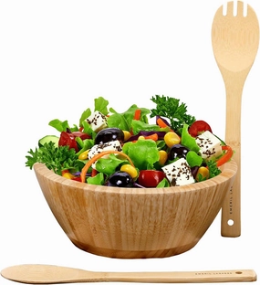 Emeril Lagasse 3-Piece Bamboo Salad Bowl Set with Utensils, 10-Inch Bowl, Eco-Friendly and Durable