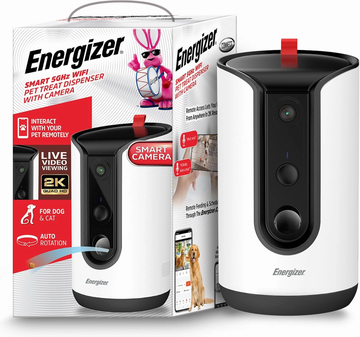 Energizer Smart Pet Treater with 2K Video Camera, 2-Way Audio, Night Vision, 5 Ghz & 2.4 Ghz Dual Band Wi-Fi, Motion Tracking, Recorded Messages, Dogs & Cats Remote Feeding, Cloud/MicroSD Card Storage