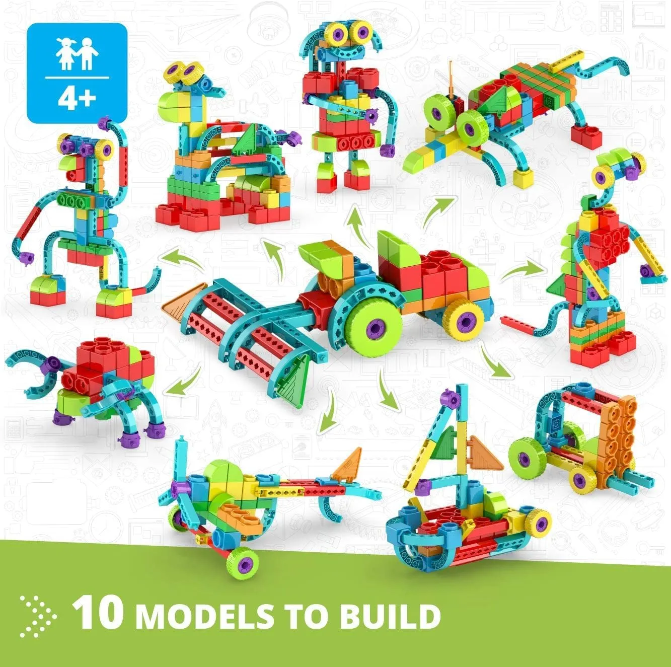 Engino: Qboidz Farm Tractor - 10 Model Brick Building Set, Toy Construction, Coloring-Math Activities, Stack-Click Assembly, STEM Play-Learn, Kids 4 