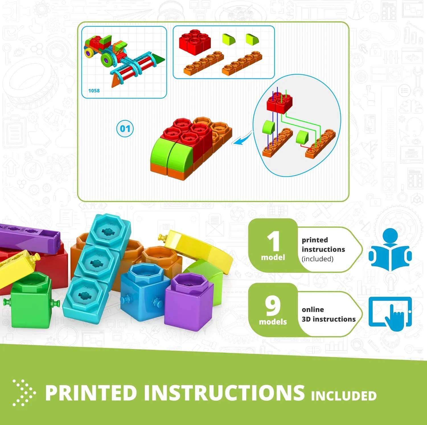 Engino: Qboidz Farm Tractor - 10 Model Brick Building Set, Toy Construction, Coloring-Math Activities, Stack-Click Assembly, STEM Play-Learn, Kids 4 
