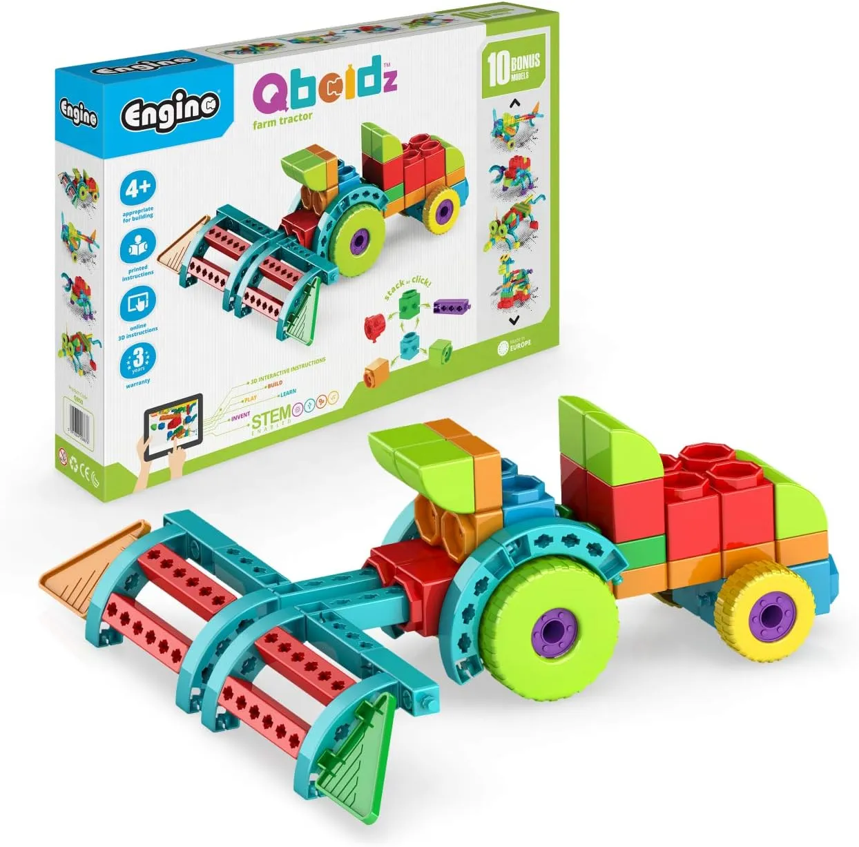 Engino: Qboidz Farm Tractor - 10 Model Brick Building Set, Toy Construction, Coloring-Math Activities, Stack-Click Assembly, STEM Play-Learn, Kids 4 