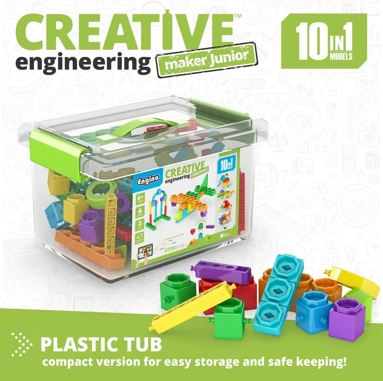 Engino STEAM Maker Junior 10 Model Set, Stackable Building Blocks, STEM Building Toys, Educational Toys for Kids 4 , Gift for Boys & Girls